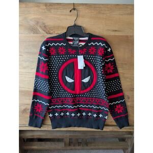 Marvel Deadpool Holiday Sweater Womens XS Black Red Logo Patterned Christmas